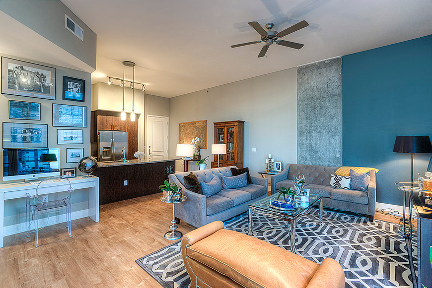 Cityscape one bedroom living and kitchen